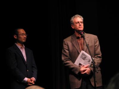 Adam Fong & Charles Amirkhanian ( l to r), half length portrait, facing slightly right, on stage for introductions, San Francisco CA., (2009)