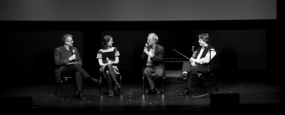 Charles Amirkhanian, Lisa Bielawa, Jürg Frey, and Clemens Merkel, seated, during panel discussion, ver. 01, San Francisco, CA (2010)