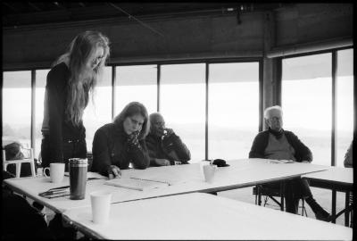 Natasha Barrett, Lisa Bielawa, Kidd Jordan, & Tom Johnson (l to r), during a composer’s presentation, Woodside CA., vs 2 (2010)