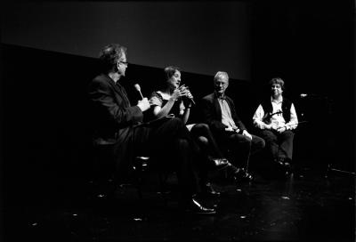 Charles Amirkhanian, Lisa Bielawa, Jürg Frey, & Clemens Merkel (l to r), full length portrait, during a panel discussion, San Francisco CA., (2010)