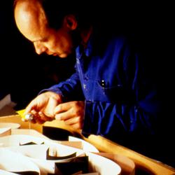 Brian Eno working on one of his installations at the Exploratorium, 1988