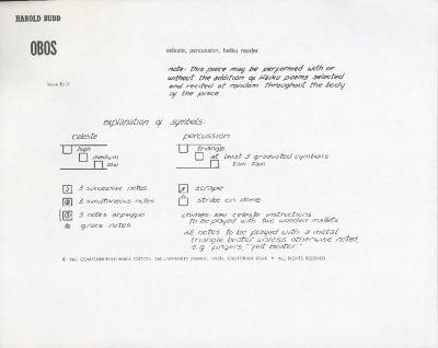 Harold Budd: OBOS for celeste, percussion and haiku reader (Graphic Score)