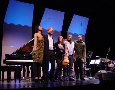 Alicia Hall Moran, Jason Moran, Mary Halvorson, Tarus Mateen, and Nasheet Waits standing onstage after performing "Slang" at OM 16, San Francisco CA (2011)