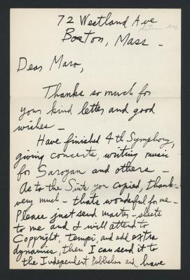 Letter to Maro Ajemian from Alan Hovhaness, Autumn 1942