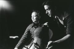 Simon Steen-Anderson working with cellist Tanja Orning prior to a performance at OM 17, San Francisco CA (2012)