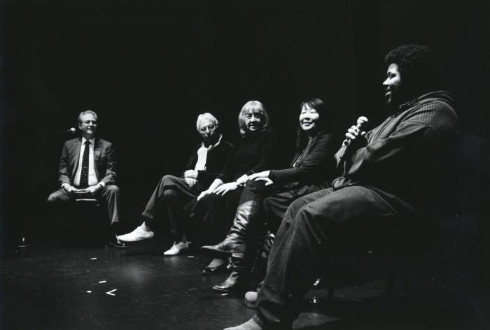 Tyshawn Sorey speaks during a panel discussion at OM 17 with Ikue Mori, Gloria Coates, Harold Budd, and Charles Amirkhanian, San Francisco CA (2012)