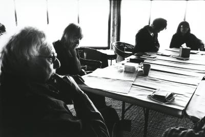 Harold Budd, Gloria Coates, Ken Ueno, and Ikue Mori, seated during composer discussions at the Djerassi Resident Artists Program, Woodside CA (2012)