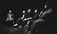 Tyshawn Sorey speaks during a panel discussion at OM 17 with Ikue Mori, Gloria Coates, Harold Budd, and Charles Amirkhanian, San Francisco CA (2012)
