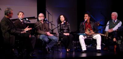Charles Amirkhanian moderates a panel discussion on the second night of OM 16 with (l to r) David Jaffe, Trimpin, Agata Zubel, I Wayan Balawan, and Han Bennink (2011)