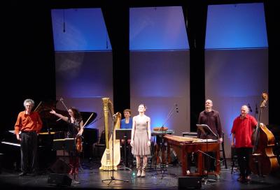 Performers of Louis Andriessen’s “Letter to Cathy” during the third concert of OM 16, San Francisco (2011)