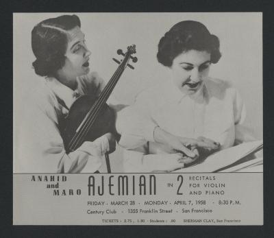 Promotional concert flyer for two recitals by Maro and Anahid Ajemian at the Century Club in San Francisco, 1958