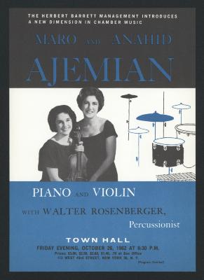 Printed program for a concert by Maro and Anahid Ajemian with Walter Rosenberger at Town Hall, New York, 1962