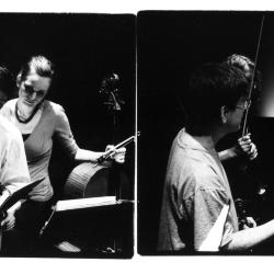 Two images of the Del Sol String Quartet rehearsing with Gloria Coates prior to OM 17 (cropped image)