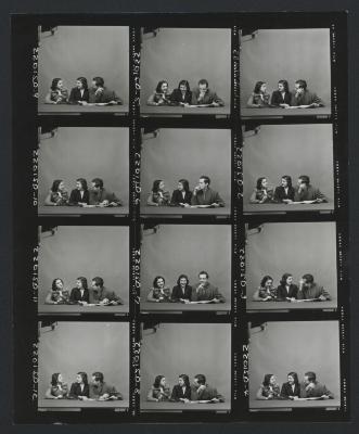 Contact sheet for portraits of Anahid and Maro Ajemian with Lou Harrison (ca.1950s)