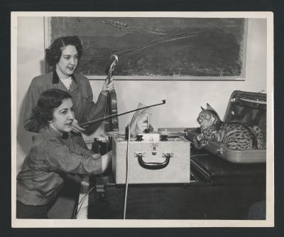 Portrait of Anahid and Maro Ajemian rehearsing and recording at home with cat (ca.1950s) 