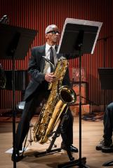 Roscoe Mitchell with bass saxophone prior to his group's performance of "Nonaah" at OM 19, San Francisco CA (2014)