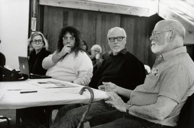 Wendy Reid, Mark Applebaum, and John Bischoff look at Joseph Byrd during commentary at the Djerassi Resident Artists Program, Woodside CA (2014) 