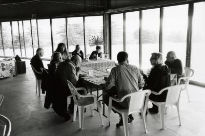 Portrait of OM 19 composers having lunch at the Djerassi Resident Artists Program, Woodside CA (2014)