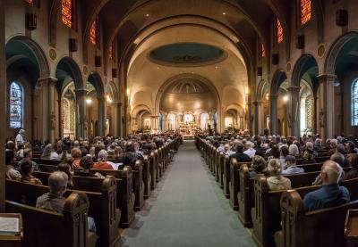 Interior view of the Mission Dolores Basilica from the aisle, during OM 22, San Francisco CA (May 20, 2017)