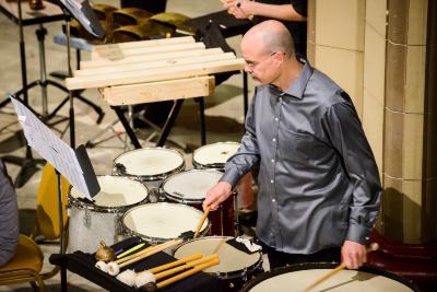 Percussionist Loren Mach during a performance of Canticle No. 3 by Lou Harrison during OM 22, San Francisco CA  (February 18, 2017)