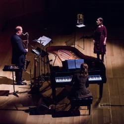 Bohdan Hilash, Meredith Monk, and Allison Sniffin performing during OM 21, San Francisco CA (2016)