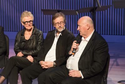 Bibbi Moslet, Lasse Thoresen and Gavin Bryars in a panel discussion during OM 21, San Francisco CA (2016)
