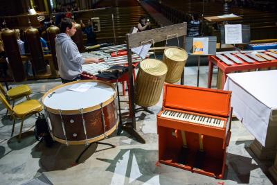 Percussionist from William Winant’s Percussion group during rehearsals with Lou Harrison’s American gamelan during OM 22, San Francisco CA (May 20, 2017)