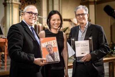John Nuechterlein, Vivian Fung, and Charles Amirkhanian after award presentations during OM 22, San Francisco CA (May 20, 2017)