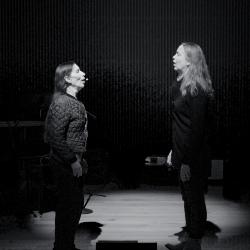 Meredith Monk and Katie Geissinger rehearsing prior to the final concert of OM 21, San Francisco CA (2016)