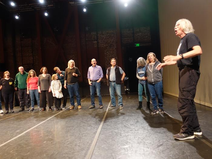 Jaap Blonk with participants onstage during his workshop on sound poetry techniques, OM 23, San Francisco CA (April 10, 2018)