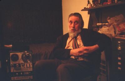 Bob Cobbing at home, sitting and talking, London (1972)
