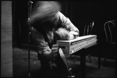 Trimpin, motion blurred portrait, with piece of equipment, ver. 1, Telluride CO., (1989)