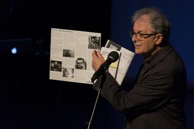 Charles Amirkhanian discussing an LP release during introductions to the third concert of OM 23, San Francisco CA (April 12, 2018)