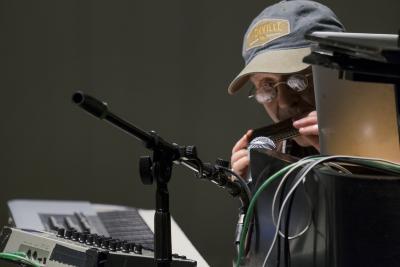 Alvin Curran playing harmonica in rehearsal during OM 23, San Francisco CA (April 9, 2018)