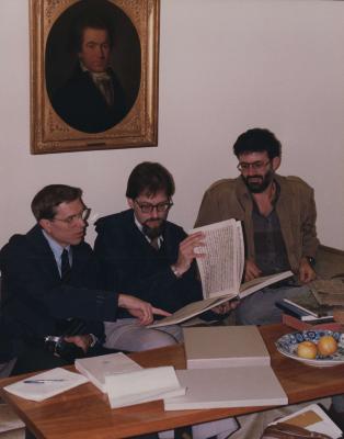 Phillip Crabtree, Jerome Kohl, and Charles Amirkhanian in the Beethoven Archiv, Bonn Germany (1985)