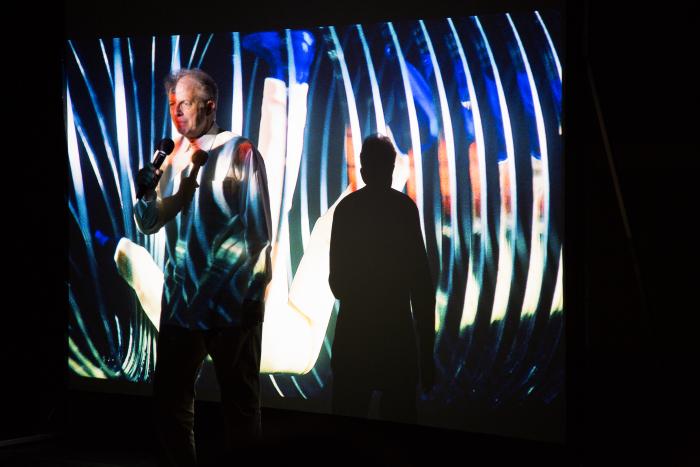 Charles Amirkhanian, during a performance of "Maroa" at OM 23, vs. 2, San Francisco CA (April 13, 2018)