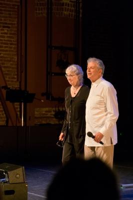 Carol Law and Charles Amirkhanian, onstage after collaborative performances at OM 23, San Francisco CA (April 13, 2018)