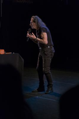 Enzo Minarelli performing one of his sound poems during the fourth concert of OM 23, San Francisco CA (April 13, 2018)