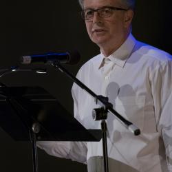 Charles Amirkhanian performing one of his text-sound works at OM 23, San Francisco CA (April 13, 2018)