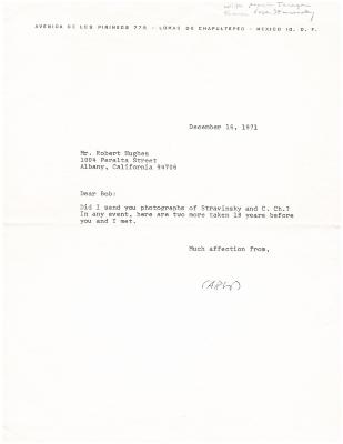 Letter to Robert Hughes from Carlos Chavez, December 1971 