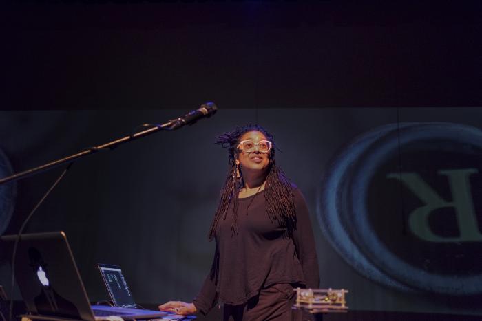 Pamela Z during a rehearsal before the final concert of OM 23, San Francisco CA (April 14, 2018)