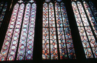A long detail view of windows from the interior of Sainte-Chapelle in Paris, France, 1976