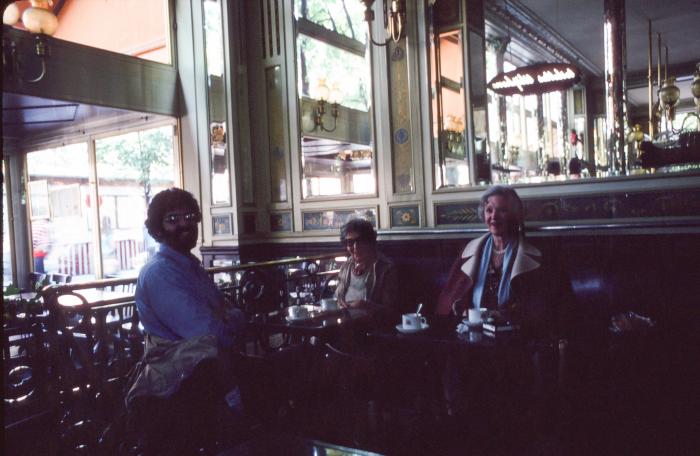 Charles Amirkhanian, Böske Antheil, and unidentified friend in a café, Paris, France, 1976