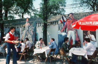 A scene of an outdoor cafe in Paris, France, 1976