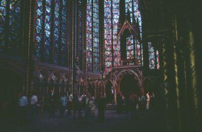 A dim view of the interior of Sainte-Chapelle in Paris, France, 1976