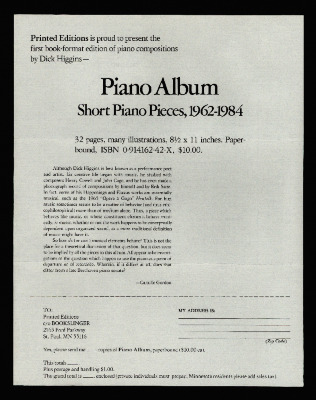 Promotional flyer for Dick Higgins' book of piano compositions, Piano Album