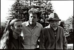 Meredith Monk facing right, Philip Glass facing left, & Conlon Nancarrow facing forward, half length portrait, Woodside CA, (1993)
