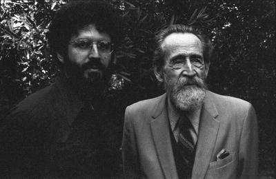 Charles Amirkhanian & Dane Rudhyar (l to r), head and shoulders portrait, looking forward, Berkeley CA., (1977)
