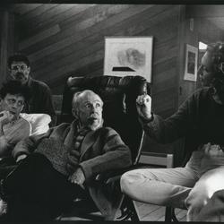Julia Wolfe (r to l), talking to Conlon Nancarrow and Philip Glass in Woodside, CA (1993)