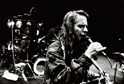 Half length portrait of Jai Uttal performing onstage during the 1st Other Minds Festival, 1993 (cropped image)